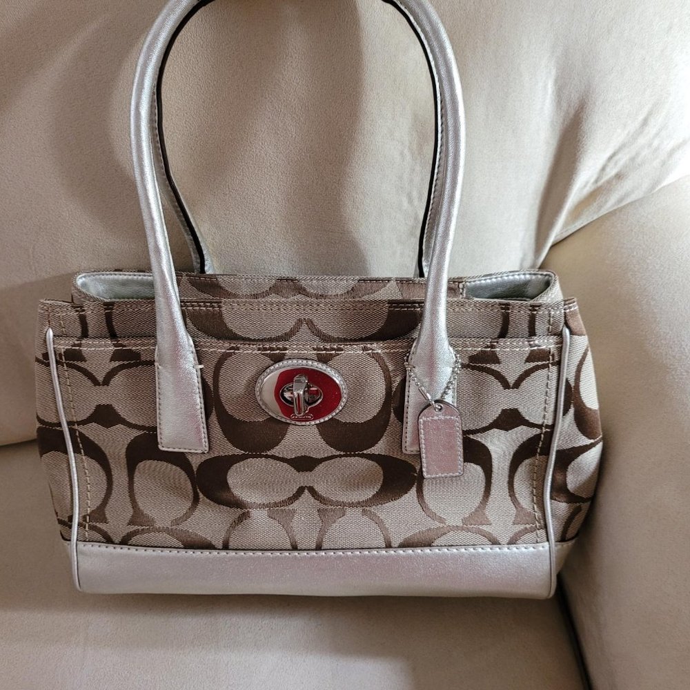 Coach Signature Khaki / Brown / Gold Metallic Satchel / Carry-All